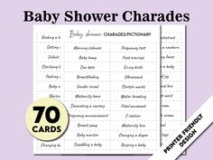 two baby shower cards with the words 70 cards in black and white, on a purple background