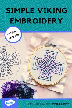 an embroidery pattern with the words simple viking embroidery in front of it and some yarn