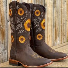 Brand New Brown Cowboy Boots With Yellow Sunflowers. Size 37 Or Size 6. Modesty Journey, Sunflower Boots, Snip Toe Cowgirl Boots, Embroidery Boots, Embroidered Boots, Winter Fashion Boots, Leather Boots Heels