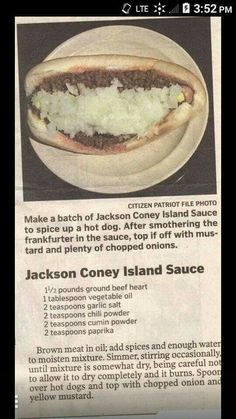 a newspaper article with an advertisement for a hot dog on the side and information about it