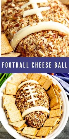 a football cheese ball on a plate with crackers and celery