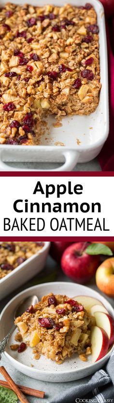 an apple cinnamon baked oatmeal in a baking dish with the title above it