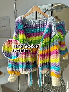 Women's Casual Two-Tone Stripe Hand-Knitted Cardigan For Autumn & Winter Multicolor Casual  Long Sleeve Fabric Colorblock,Striped  Slight Stretch  Women Clothing, size features are:Bust: ,Length: ,Sleeve Length: Knitted Chunky Cardigan, Crochet Baby Costumes, Colorful Cardigan, Pompom Scarf, Áo Len Cardigan, Cardigan Casual, Knitting Women Cardigan, Chunky Cardigan, Oversize Knit