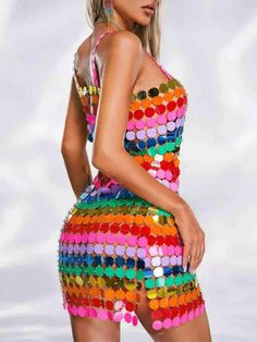 Features of Rainbow Disc Sequin Dress 💖1.A-line SilhouetteThe A-line silhouette of this rainbow disc sequin dress is both flattering and comfortable, gently flaring out from the waist for a classic and timeless look that suits all body types.💖2.Chain Armor and Rainbow Disc SequinsThe captivating combination of chainmail and rainbow disc sequins in this dress embodies the spirit of disco. Chain mail shapes add an edgy glamour, while rainbow disc sequins create a dazzling and dynamic visual effe Multicolor Contrast Sequin Dress, Spring Disco Mini Dress With Contrast Sequin, Glamorous Multicolor Mini Dress With Contrast Sequin, Glamorous Multicolor Sequin Mini Dress, Multicolor Sequined Disco Mini Dress, Multicolor Sequin Disco Mini Dress, Disco Style Multicolor Sequined Mini Dress, Disco Multicolor Sequin Mini Dress, Multicolor Mini Sequin Dress For Party Season