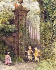 an image of children playing in the garden by a gate with birds on top of it