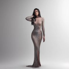 Lasaky - Fashionable Rhinestone Embellished Mesh Perspective Long Sleeve High-Slit Maxi Dress Chic Maxi Dresses, Denim Belt, Crewneck Dress, Waist Circumference, Red Carpet Dresses, Casual Denim, Bodycon Mini Dress, Olivia Mark, Types Of Collars