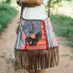 Unique Bohemian Fringe Crossbody Bag, Hmong Hill Tribe Embroidered Sling Bag for Women, Ethnic Purse with Leather Strap - BG0017-00-PIN Boho Mirror, Fringe Crossbody Bag, Bohemian Bags, Embroidered Leather, Boho Bags, Leather Gifts, Clothes Crafts, Leather Tassel, Bohemian Clothes