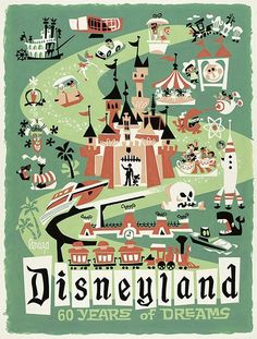 the disneyland poster is shown in green and red