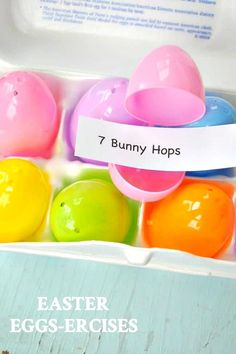 an easter egg box filled with lots of colorful eggs and labeled 7 bunny hops