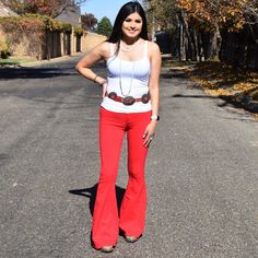 Seeing Red Super Stretch Bell Bottoms | gussieduponline Red Bell Bottoms Outfit, Red Bell Bottoms, Bottoms Outfit, Jane Birkin Style, Birkin Style, Bell Bottoms Outfit, Red Flare, Teen Outfits, Seeing Red