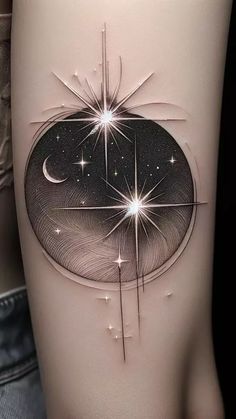 a woman's thigh with an abstract tattoo design on the side and stars in the sky