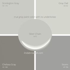 four shades of gray and white with the words true gray paint color with no undertones