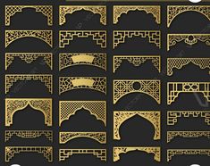 the golden frames are set up to be used as decorative wall panels and furniture pieces