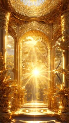 the sun shines brightly through an ornate archway