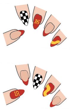 #ferrari #f1 #nailart Cars Nails Designs, Formula 1 Nail Art Ferrari, Ferrari Nails F1, F1 Nail Ideas, Formula 1 Nails Designs, Formula 1 Outfit Women Ferrari, Easy Almond Nail Designs Summer, Ktm Nails, Ferrari Nail Art