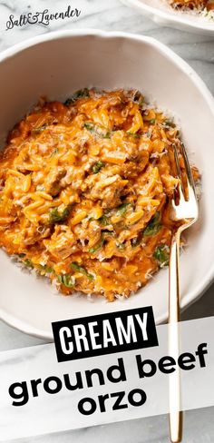 a white bowl filled with creamy ground beef orzo on top of a marble counter