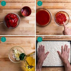 four pictures showing how to make pizza dough with sauce and ingredients for the pizza recipe