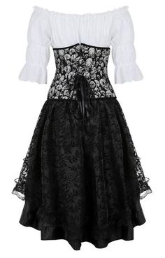 are you waiting for this gothic festival for years or months? we are happy to present to you the perfect vintage gothic dress! you'll be the most attractive woman! This gothic skull dress is the best choice you can take if you are gothic, but you also like vintage stuff! Its boat shape and drooping shoulders with three-quarter sleeves all in white, it looks so sexy and attractive! This black corset that will correctly show off the perfect size you have is loaded with lots of white skulls to resp Halloween Fancy Dress Corset Dress, Fitted Corset Dress For Halloween Fancy Dress, Black Corset Dress For Fall Costume Party, Gothic Lace Corset Dress For Costume, Vampire Style Corset Dress For Halloween, Halloween Lace Corset Costume Dress, Gothic Black Corset Dress For Fall, Gothic Corset Dress For Costume Events In Fall, Gothic Corset Dress For Fall Costume