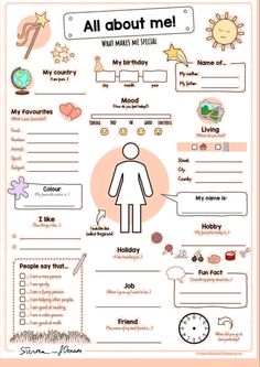 an all about me worksheet for kids with pictures and words on the page