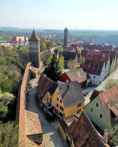 an aerial view of some buildings and trees