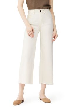 Swingy and sophisticated with a leg-lengthening high rise, these brilliant white wide-leg jeans end in ultra-frayed hems for a look that easily dresses up or down. 27" inseam; 20" leg opening; 11 1/2" front rise; 15" back rise (size 29) Zip fly with button closure Five-pocket style 67% cotton, 31% modal, 2% elastane Hand wash, dry flat Imported t.b.d. Classic White Wide Leg Jeans, Elegant White High Rise Flare Jeans, Elegant White Flare Jeans For Spring, White High-rise Flare Jeans With Frayed Hem, White High Rise Flare Jeans With Frayed Hem, Chic White Bottoms With Straight Hem, White Mid-rise Flare Jeans For Work, White High Waist Flare Jeans With Frayed Hem, White High-waist Flare Jeans With Frayed Hem