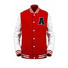 A Retro Two-Toned, Buttoned, Varsity Letterman Jacket Featuring Front Side Pockets And Letter A On Chest. 65% Cotton, 35% Polyester Red Cotton Varsity Jacket With Pockets, University Red Varsity Jacket For Fall, University Red Varsity Jacket For Fall With Long Sleeves, University Red Long Sleeve Varsity Jacket For Fall, Red Varsity Jacket With Pockets For Fall, Red Outerwear For Fall, Red Outerwear For College In Fall, Red Varsity Outerwear For Fall, University Red Long Sleeve Varsity Jacket For Winter