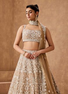 Make a statement at your reception with this enchanting tan gold lehenga, intricately embroidered with pearls, sequins, and crystal stones. The exquisite detailing adds a luxurious touch, creating a beautiful blend of tradition and contemporary elegance. This lehenga ensures you shine brightly, making it the perfect choice for your special celebration. Gold Lehenga, Embroidered Lehenga, Crystal Stones, Silk Organza, Indian Design, Indian Outfits, Every Woman, Western Fashion, Stones And Crystals