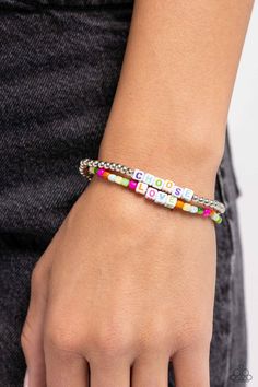 Infused with white cubed beads featuring purple, light blue, Classic Green, orange, and hot pink letters, a mismatched collection of silver and glassy multicolored beads are threaded along stretchy bands. Each multicolored letter on both stacks spells out the words "CHOOSE" and "LOVE", creating two inspirational layers around the wrist. Sold as one set of two bracelets. Orange And Hot Pink, Pink Letters, Inspirational Bracelets, Pink Letter, Purple Light, Paparazzi Accessories, Paparazzi Jewelry, Butterfly Earrings, Bead Weaving