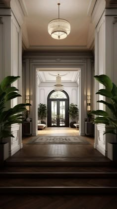 an entry way with potted plants on either side