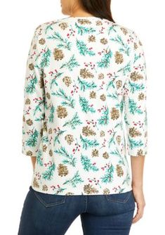 Available in a variety of holiday-inspired prints, this top from Kim Rogers is the perfect pick for all your holiday parties. | Kim Rogers Women's 3/4 Sleeve V-Neck Allover Print Top, Medium Multicolor Tops For Holiday In Fall, Multicolor Tops For Holiday Fall Season, Multicolor Tops For Fall Holiday, White 3/4 Sleeve Tops For Winter, Holiday White Printed Top, Multicolor Printed Holiday Tops, Multicolor Printed Tops For Holiday, Green Tops For Fall Holiday, Festive Green Floral Print Tops