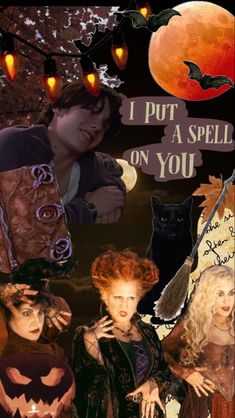 a collage of people dressed up as witches and pumpkins with words that read, i put a spell on you