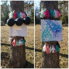 two pictures of the same tree with balloons attached to it's bark and paper