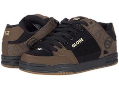 Globe Tilt - Men's Skate Shoes : Black/Brown : Keep your style going strong with the iconic silhouette and cushioned support of the Globe Tilt skate shoes. Skateboard shoes with leather uppers. Large Globe brandings on upper. Flush and stitched PVC lace eyelets. Hidden lacing options in key areas for added lace protection. Thicker outer sidewalls for added durability. Padded tongue and collar for added comfort. Breathable slip-resistant lining for a more stable skate. Cupsole construction. Rubbe Mens Chunky Shoes, Brown Sneakers With Laces For Skateboarding, Brown Skateboarding Sneakers With Laces, Urban Brown Skate Shoes With Rubber Sole, Brown Urban Skate Shoes With Rubber Sole, Lace-up Rubber Sole Skate Shoes, Lace-up Skate Shoes With Rubber Sole, Brown Skate Shoes With Abzorb Midsole For Sports, Brown Skate Shoes With Abzorb Midsole