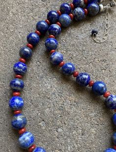 Sterling Silver Round Lapis Coral Bead Necklace. 18 inch Single Strand Lapis Lazuli Round Bead Necklace, Single Strand Lapis Lazuli Necklace With Round Beads, Single Strand Lapis Lazuli Bead Necklace, Single Strand Lapis Lazuli Beads For Gift, Lapis Lazuli Single Strand Beads For Gifts, Classic Gemstone Beads Jewelry For Jewelry Making, Classic Jewelry With Gemstone Beads For Jewelry Making, Single Strand Lapis Lazuli Round Bead Jewelry, Adjustable Single Strand Lapis Lazuli Necklace