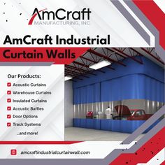 an advertisement for the american industrial curtain walls company, featuring two cars in a garage