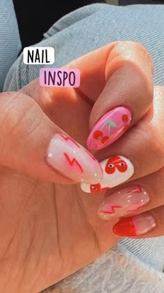 Spring Valentine Nails, Valentines Nails Cute, Valentines Nails With Cherries, Valentines Cherry Nails, Cute Nails For Valentines Day, Valentines Gel Nails, Valentines Nail Ideas, Heart Tip Nails, Cute Valentines Nails