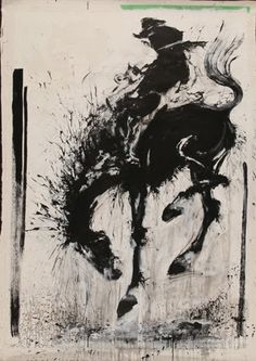 a black and white painting with a horse on it's back, in front of a wooden frame