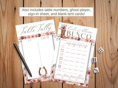 two wedding table numbers, ghost player, sign - in sheet and blank tent cards