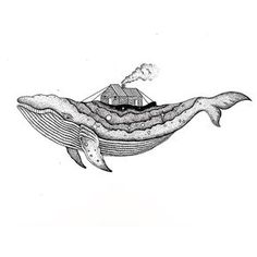 a drawing of a house on top of a whale