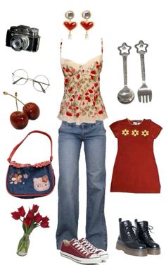 Flowery Aesthetics Outfit, 2000s Fashion Outfits Red, Cute Outfit Ideas Layout, Applecore Outfit, Red Head Outfits, Strawberry Shortcake Outfits, Flowery Outfits, Red Coquette, Funky Outfits