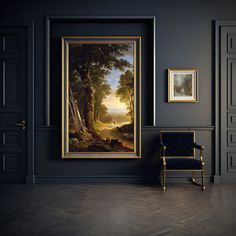 an empty room with a painting on the wall and a chair in front of it