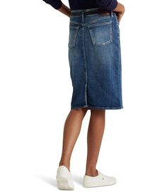 The LAUREN Ralph Lauren® Denim Skirt is the perfect pair for that cute crop top you have been waiting to wear, or even that fuzzy sweater. The posibilities are endless..Five-pocket construction..Zip fly button frontal closure..Belt loops at waistline..Branded patch at waistline..Straight knee length hemline with a back vent..84% cotton, 14% polyester, 2% elastane..Machine washable..Imported. Medium Wash Denim Pencil Skirt With Pockets, Medium Wash Relaxed Fit Skirt With Pockets, Relaxed Fit Medium Wash Skirt With Pockets, Denim Skirt With Pockets Short Length, Relaxed Fit Mid-rise Skirt With Pockets, Mid-rise Denim Skirt With Pockets, Casual Relaxed Fit Pencil Skirt, Casual Denim Skirt With Side Pockets, Mid-rise Skirt With Pockets And Relaxed Fit