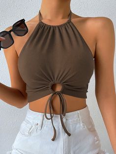 Coffee Brown Sexy Collar  Fabric Plain Halter Embellished Medium Stretch Summer Women Clothing Backless Halter Top, Womens Halter Tops, Backless Crop Top, Mode Boho, Top Halter, Backless Top, Women Tank Tops, Women Halter, Halter Tops