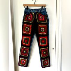 Multicolored Granny Square Jeans By Farm Rio The Crochet Lays Over The Denim So These Are A Nice Warm Pair Of Jeans For Fall And Winter Size Xs Best For 25-26 Straight Leg Fit Handmade Multicolor Bottoms, Fitted Casual Crochet Bottoms, Fitted Crochet Casual Bottoms, Fitted Multicolor Crochet Bottoms, Crochet Jeans, Jeans For Fall, Farm Rio, Fall And Winter, Colored Jeans