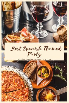 the best spanish themed party food and drink is served on plates, with wine glasses in the background