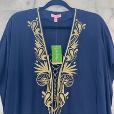 Navy With Gold Embroidery And Beading. In Perfect Condition. Nwt. Size Xxs Blue Embellished V-neck Kaftan, Spring Dresses With Gold Embroidery, Spring Embellished Kaftan, Embellished Blue Dress For Vacation, Embroidery Designs Fashion, Gold Embroidery, Self Design, Lilly Pulitzer Dress, Tunic Dress