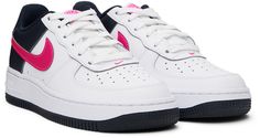 Low-top buffed leather sneakers in white and pink. · Perforated detailing at toe · Lace-up closure · Swoosh embroidered at vamp · Logo patch at padded tongue · Padded collar · Swoosh appliqué at sides · Logo embroidered at heel tab · Mesh lining · Air Sole unit at foam rubber midsole · Treaded rubber sole Please note that this item may be shipped only within North America. Supplier color: White/Dark obsidian/Fierce pink Nike US Size: child's foot length 3.5Y: 8.75 / 22.5 cm 4Y: 9 / 23 cm 4.5Y: 9 Nike Sneakers With Embroidered Logo And Round Toe, Nike Sneakers With Embroidered Logo, Pink Low-top Sneakers With Embroidered Logo, Pink Sneakers With Embroidered Logo And Round Toe, Pink Sneakers With Embroidered Logo, Pink Air Force 1, Tenis Air, Pink Nike, Pink Nikes