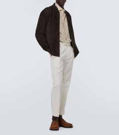 Find ZEGNA Suede Bomber Jacket on Editorialist. Material: 100% lamb leather. Care instructions: specialist clean. Made in Italy. Designer color name: Dark Brown. Lining: 63% silk, 37% polyamide. Trim: 83% wool, 16% polyamide, 1% elastane. Closure: two-way zipped front. Pockets: snap-buttoned pockets, internal pockets. Hem: ribbed, straight. Cuff: ribbed. Bomber. Suede Jacket Men, Name Dark, Mens Smart Casual Outfits, Zegna Men, Smart Casual Men, Brown Suede Jacket, Smart Casual Outfit, Suede Jacket, Mens Outerwear