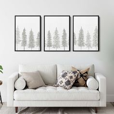 two black and white trees are hanging on the wall above a couch in a living room