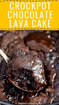 crockpot chocolate lava cake in a glass bowl with a spoon and title overlay